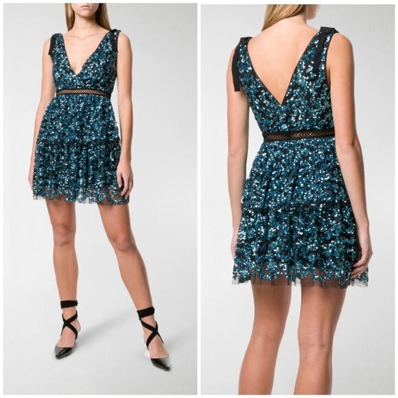 SELF-PORTRAIT openwork detail sequined flounced Tiered mini dress women’s 2 NWT - Picture 2 of 12